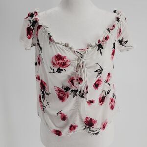 White off the shoulder top with Red & Pink Roses (s)